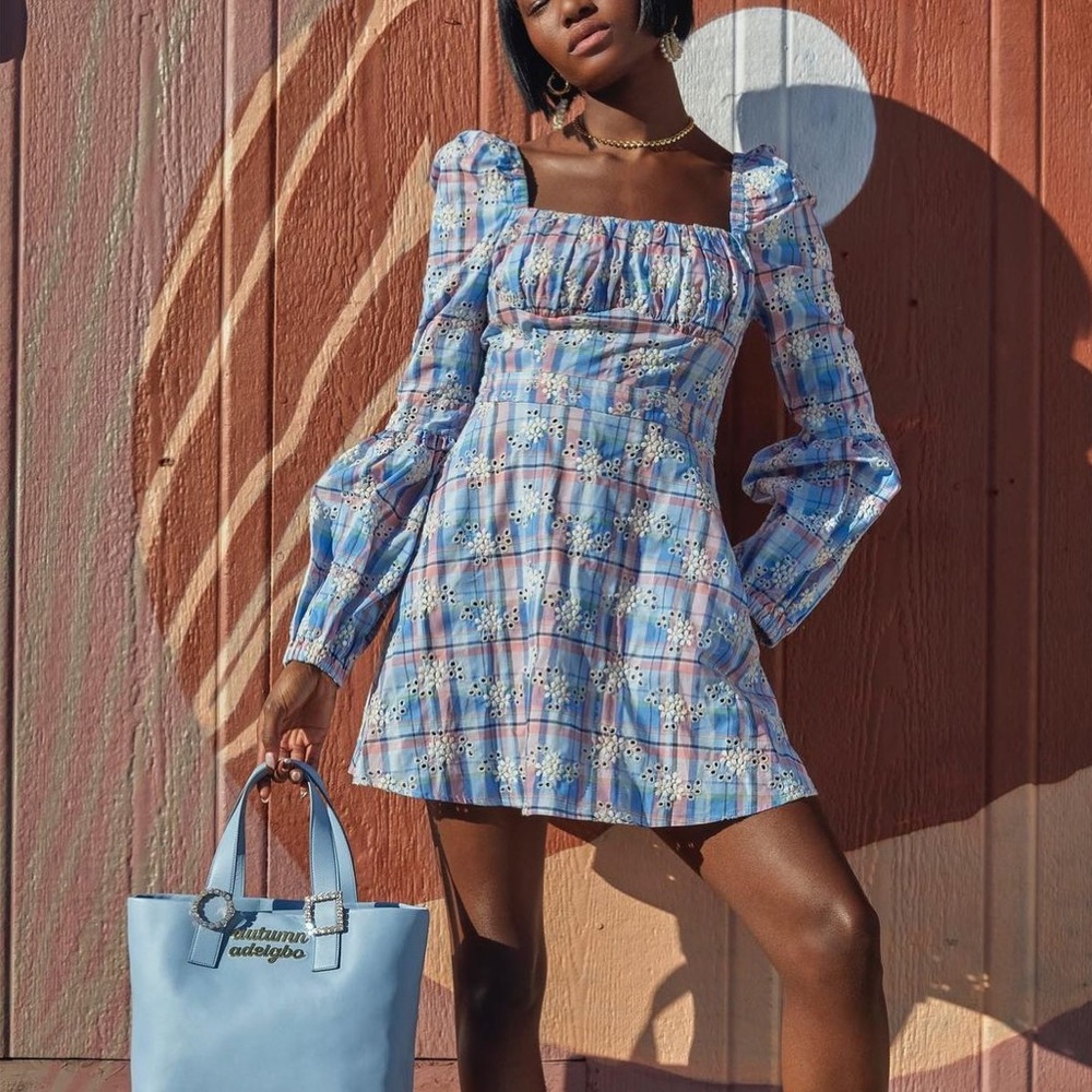Autumn Adeigbo Catira blue eyelet plaid print mini dress
